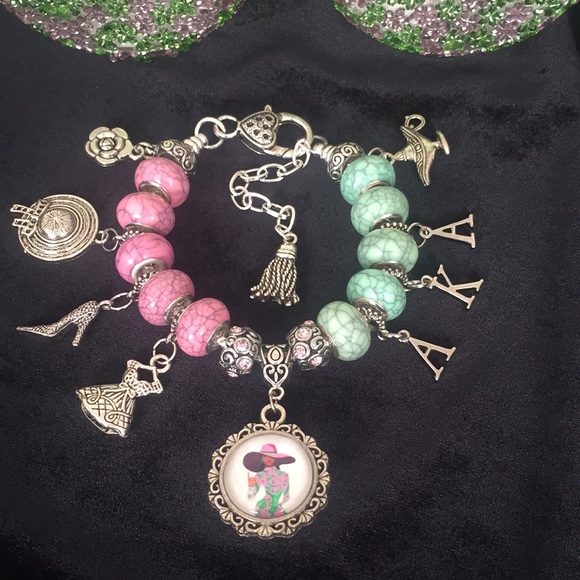 AKA Alpha Kappa Alpha Inspired Bracelet Pink Green - Picture 3 of 3